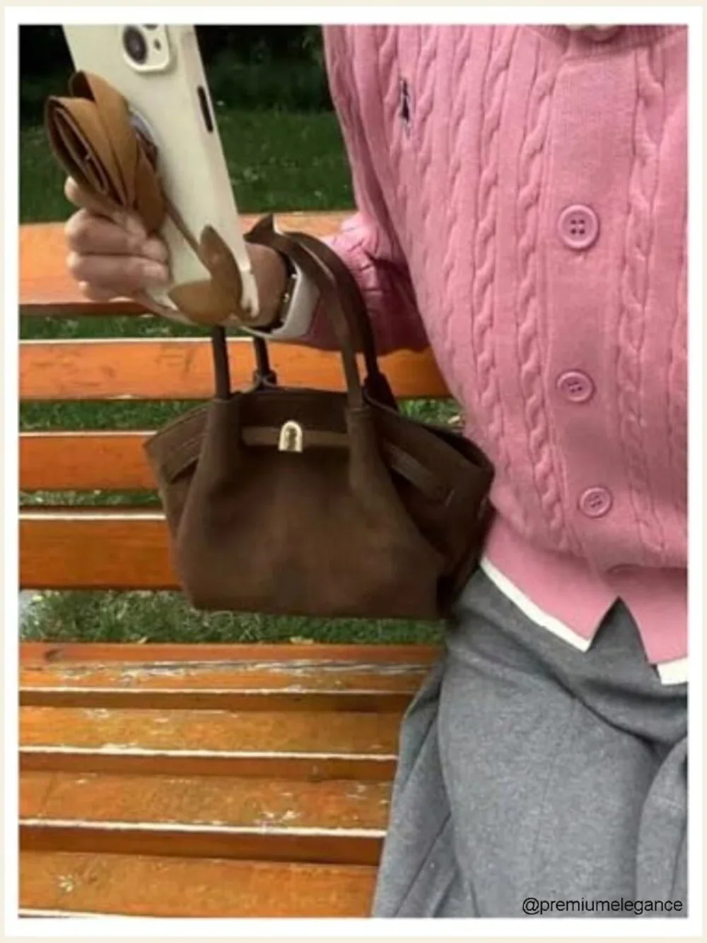 Vintage Suede Leather Satchel Handbag Small Bucket Bag Purse